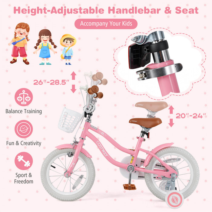 Costway 14\" Kid's Bike With Removable Training Wheels & Basket For 3-5 Years Old Pink