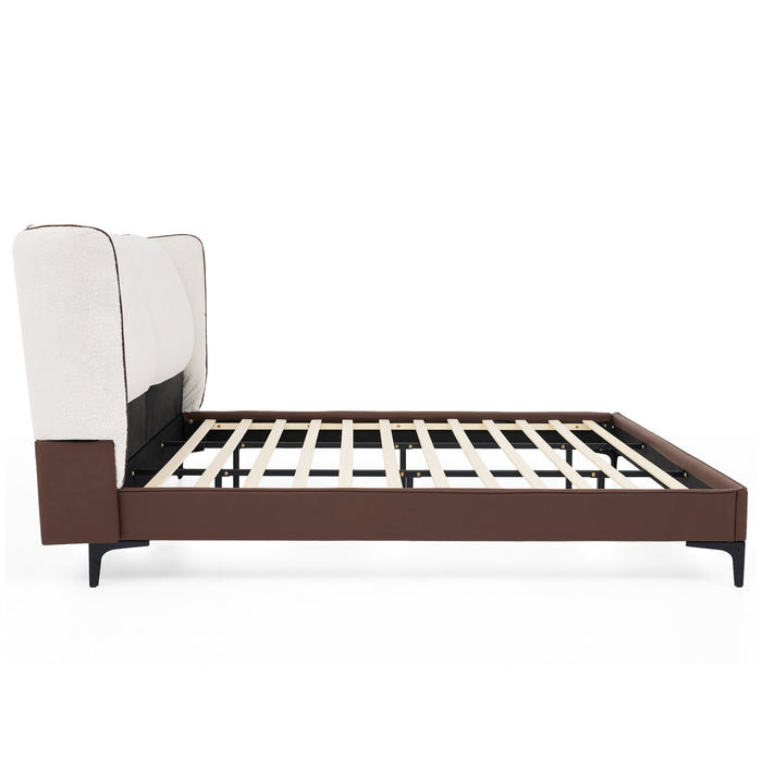 Ava Teddy Fleece Platform Bed with Wingback Headboard and Faux Upholstered, King Size, White King Bed