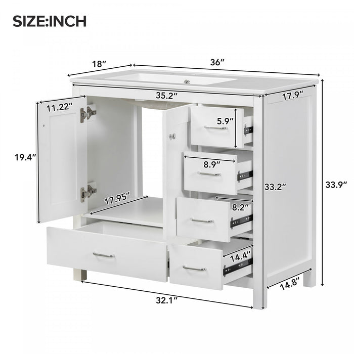 Andrew 36\" Solid Wood Bathroom Vanity With Ceramic Sink And Storage Cabinet - White