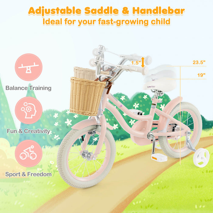 Prorider 14\" Kid's Bike With Training Wheels Adjustable Handlebar Seat Handbrake Pink