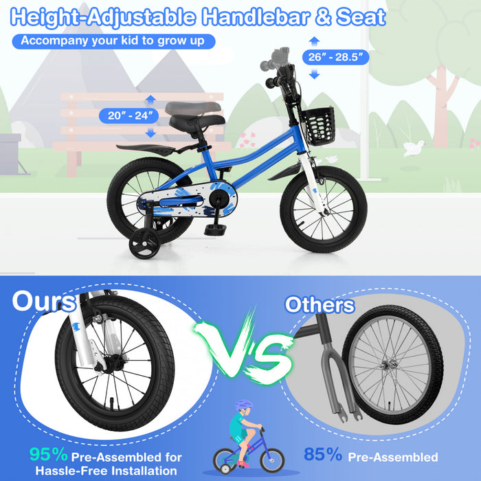 Costway 14'' Kid's Bike With Removable Training Wheels & Basket For 3-5 Years Old Skyblue