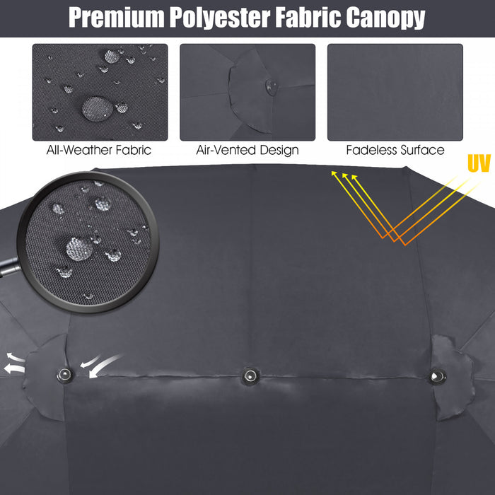 Costway 15FT Double-Sided Twin Patio Umbrella Sun Shade Outdoor Crank Market Base Grey