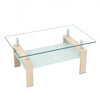 Liam Modern Rectangle Clear Tempered Glass Coffee Table,Oak | Table basse moderne rectangulaire en verre trempe transparent Liam, finition chene
