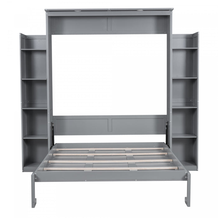 Glenn Engineered Wood Murphy Bed With Shelves And Led Lighting, Queen Size, Grey