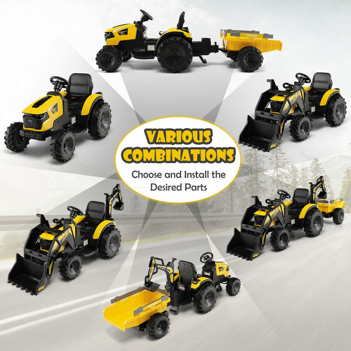 3-in-1 Kids Ride On Excavator Bulldozer 12v Electric Tractor Remote W/ Trailer Yellow
