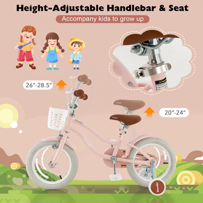 Costway 14\" Kid's Bike With Removable Training Wheels & Basket For 3-5 Years Old Pink