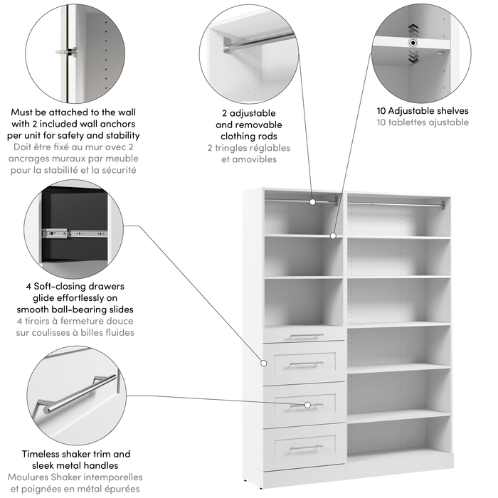 Bestar Florence 61\" Modular Reach-In/Walk-In Closet System with Shelves and Drawers Shaker Style - White