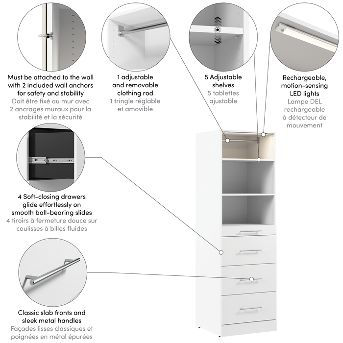 Bestar Florence 25\" Modular Reach-In/Walk-In Closet System Tower with LED Light, Shelves and 4 Drawers Slab Style - White
