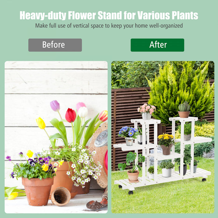 Costway 4-tier Rolling Flower Rack Wood Plant Stand Casters 12 Pots Bonsai Display Shelf