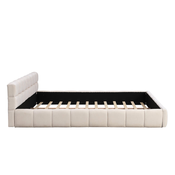 Eleanor Elegant Chenille Upholstered Bed with Checkerboard Design,King Size,Beige King Bed