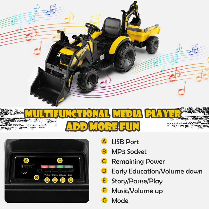 3-in-1 Kids Ride On Excavator Bulldozer 12v Electric Tractor Remote W/ Trailer Yellow