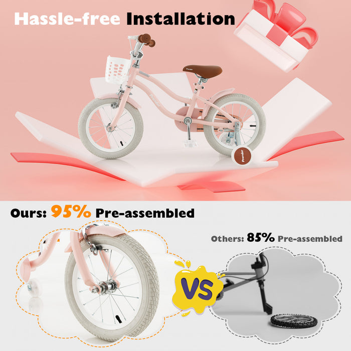 Costway 14\" Kid's Bike With Removable Training Wheels & Basket For 3-5 Years Old Pink