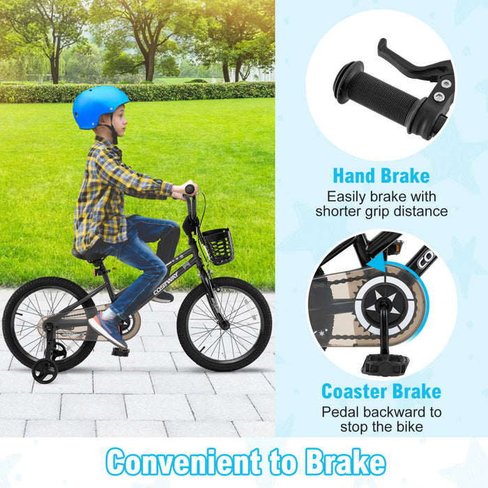 Costway 18\" Kid's Bike With Training Wheels Adjustable Handlebar & Seat Handbrake Black
