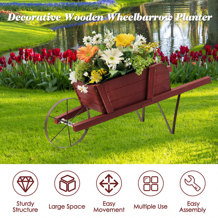 Costway Wooden Wagon Planter Decorative Indoor/outdoor Rustic Flower Cart With Wheel Red