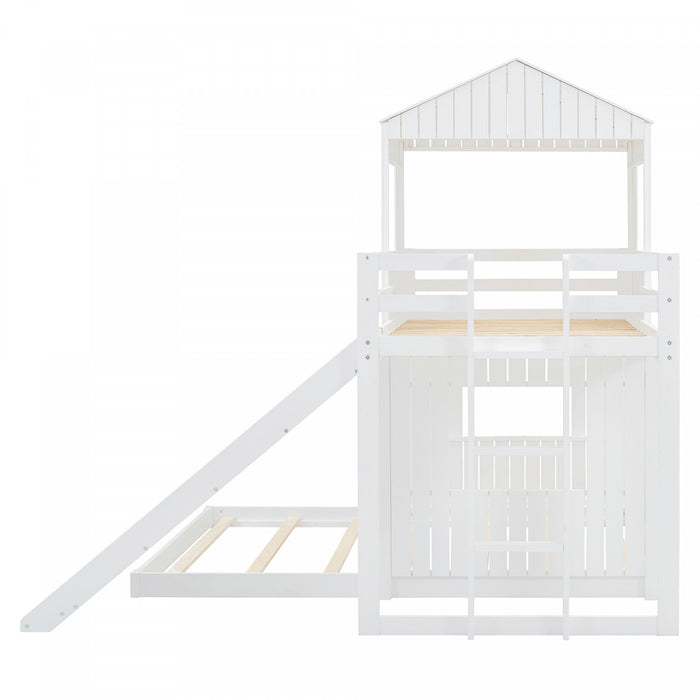 Marico Twin Over Solid Wood Full Bunk Bed With Slide, Playhouse Design, White