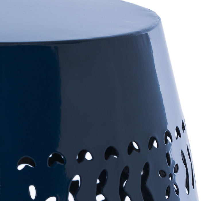 Phoenix Indoor 12\" Barrel Shape Iron Side Table With Lace-cut Design, Navy Blue