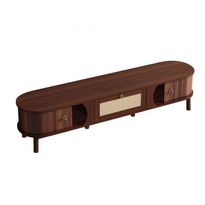 Rustic 67 Inch TV Cabinet with Rattan Sliding Doors and Drawers, Wood