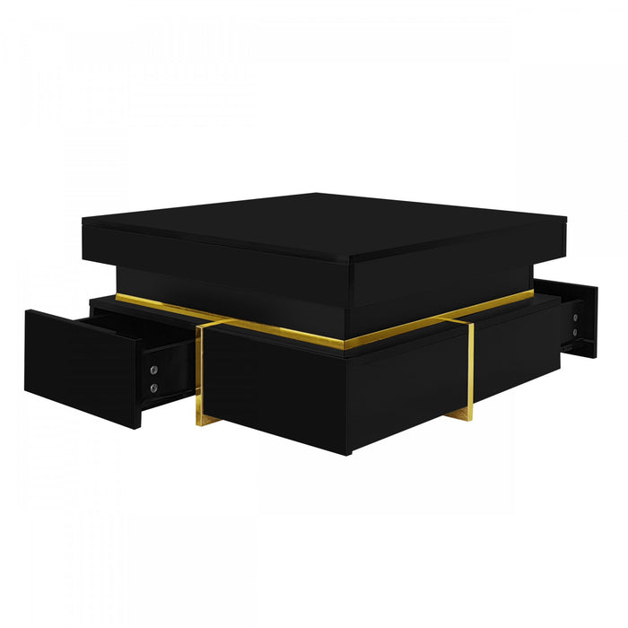 Ava High-Gloss Coffee Table with Storage Drawers and Gold Accents,Black