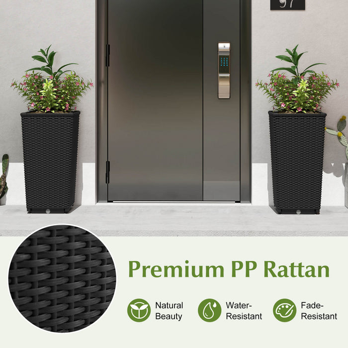 Costway 23\" Tall Planters Set Of 2 Rattan Wicker Plant Pot Self-watering Tree Pot Black