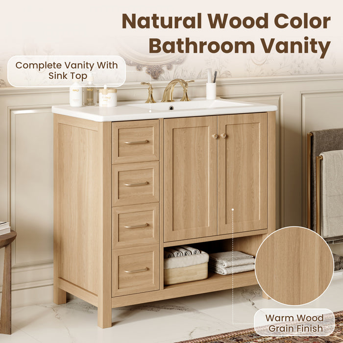 Oakmere 36 Inch Single Sink Bathroom Vanity with Two Doors and Two Drawers, Natural Wood