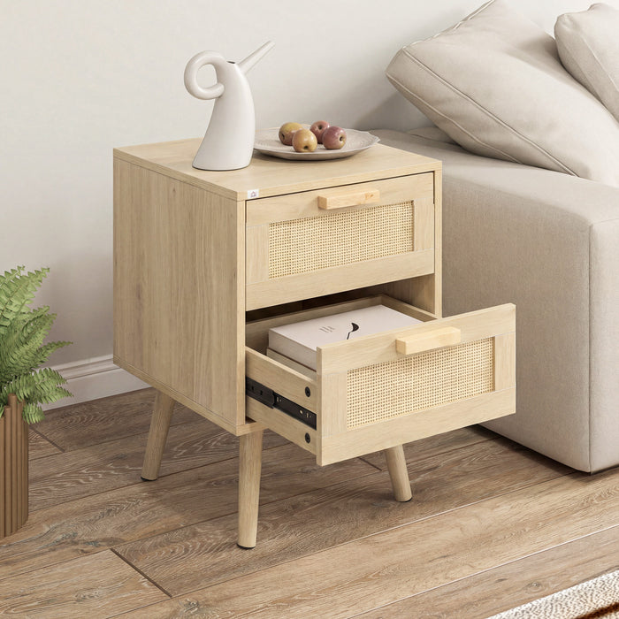 HOMCOM Boho Design Nightstand Set of 2 with 2 Drawers for Living Room