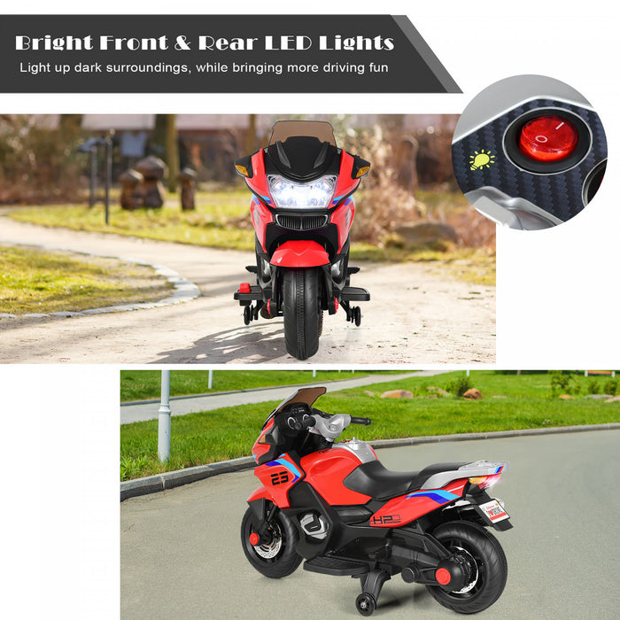 Costway 12v Kids Ride On Motorcycle Electric Motor Bike W/ Training Wheels & Light Red