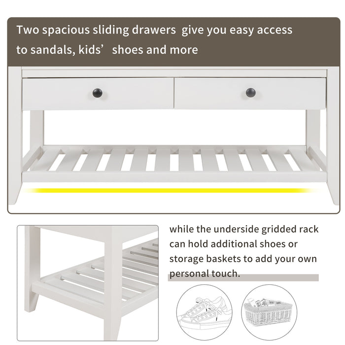 Stephanie Pine Wood Shoe Rack Bench With Cushioned Seat With Storage Drawers - White