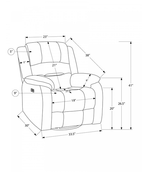 MONARCH SPECIALTIES 34\" WIDE, LARGE UPHOLSTERED POWER RECLINING CHAIR, USB PORTS INCLUDED, GOLD FABRIC, TRANSITIONAL RECLINER