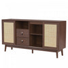 Oliver 61" Sideboard Cabinet with Rattan Sliding Doors and Drawers,Dark Brown Accent Cabinet | Oliver 61" Buffet avec Portes Coulissantes en Rattan et Tiroirs, Marron Fonce