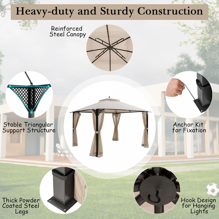 Costway 12' X 10' Outdoor Patio Gazebo Canopy Shelter Double Top Sidewalls Netting Beige