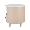 Olivia Modern Curved Design Round Nightstand with Storage Drawer,Haiki  | La table de nuit moderne Olivia au design incurve avec tiroir de rangement, couleur Haiki