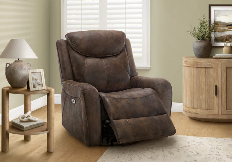 MONARCH SPECIALTIES POWER RECLINING CHAIR, 37\" WIDE, GLIDER, SWIVEL, USB PORTS INCLUDED, BROWN LEATHER-LOOK RECLINER