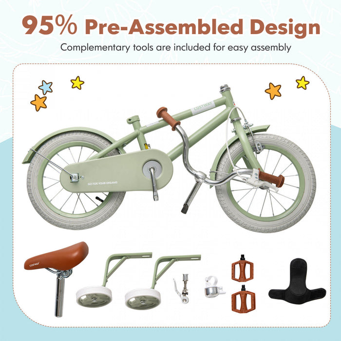 Costway 14\" Kids Bike With Adjustable Saddle Handlebar Removable Training Wheels Handbrake Green