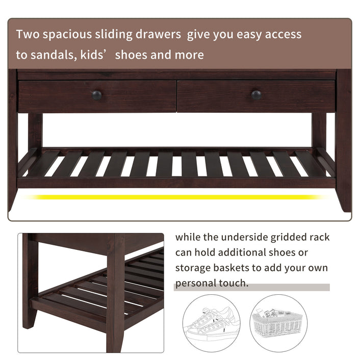 Stephanie Pine Wood Shoe Rack Bench With Cushioned Seat With Storage Drawers - Espresso