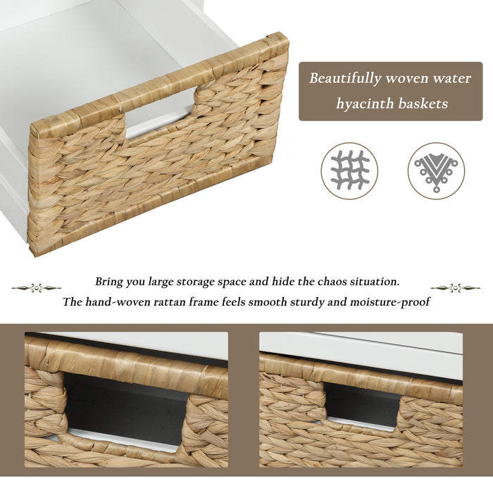 Harvey Solid Wood Storage Bench With Drawers And Rattan Baskets - White