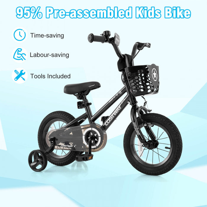 Costway 14\" Kid's Bike With Training Wheels Adjustable Handlebar & Seat Handbrake Black