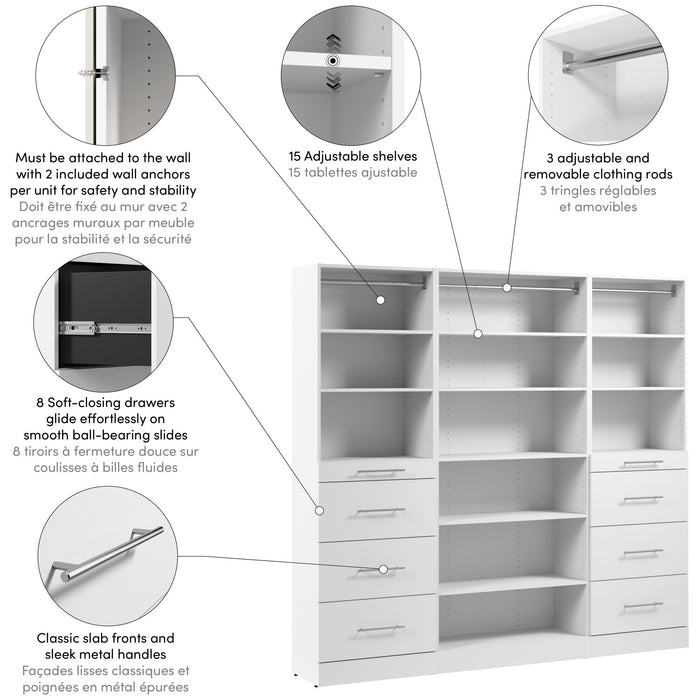 Bestar Florence 85\" Modular Reach-In/Walk-In Closet System with Storage - White