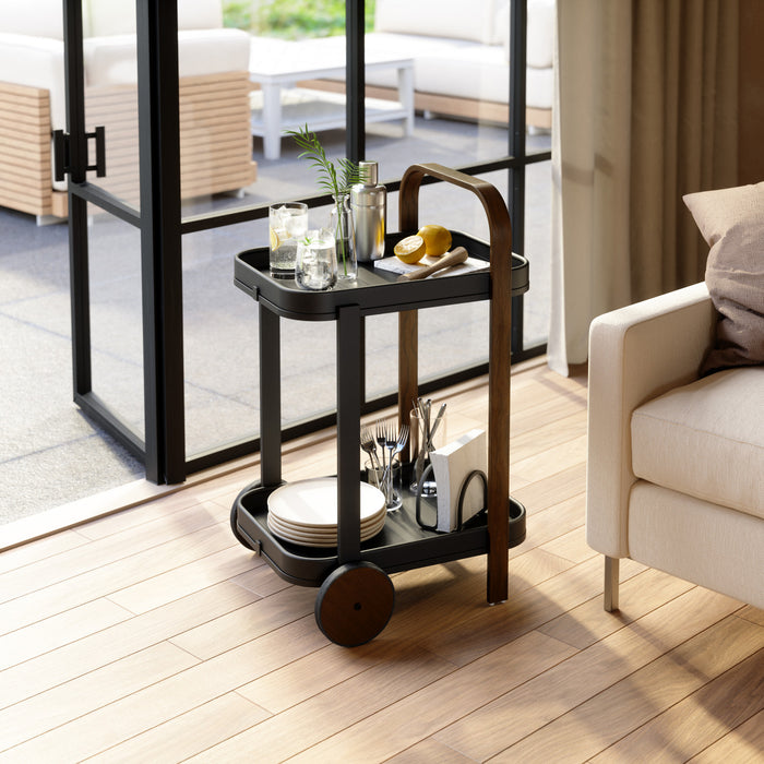 Umbra Modern Bellwood Steel Bar & Storage Cart - Black and Walnut