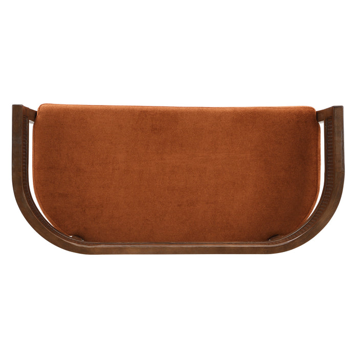 Rattan 47.5 Inch Rattan Upholstered Loveseat with Hand-Woven Backrest, Dark Orange, Walnut