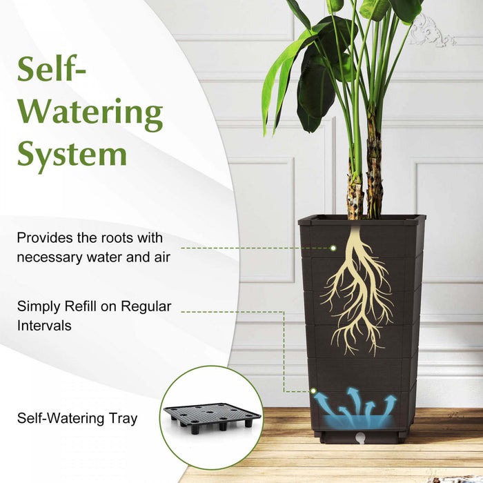 Costway 23\" Tall Planter Set Of 2 For Indoor/ Outdoor Use Large Self-watering Plant Pot Brown