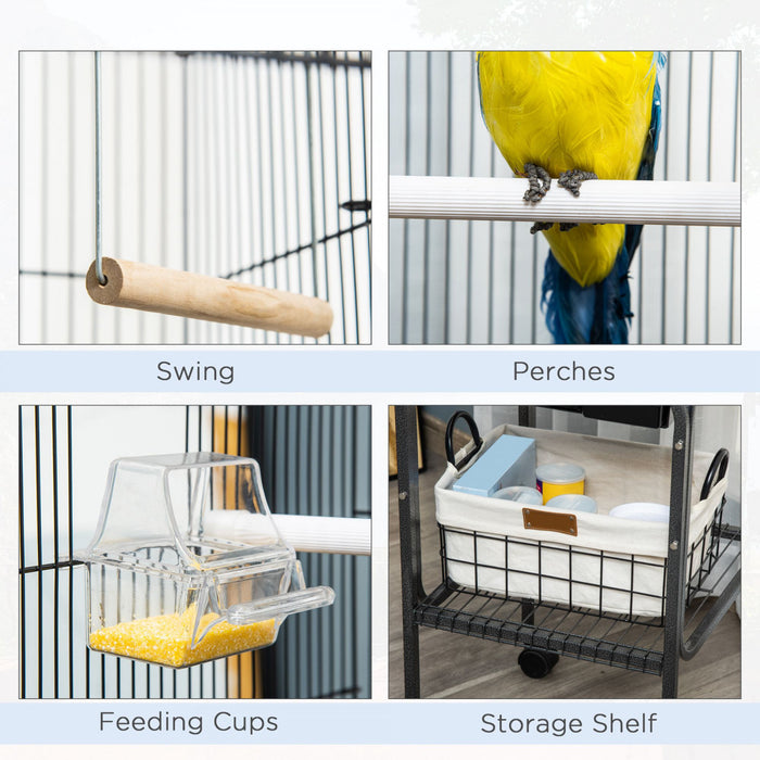 Pawhut 44.5\"h Metal Bird Cage Parrot Play Spot Stand W/ Wheel Storage Shelf Multi-doors Black