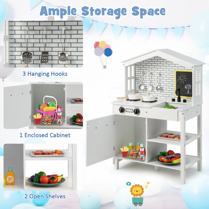 Costway Kids Farmhouse Kitchen Play Set Wooden Pretend Toy With Storage & Accessories