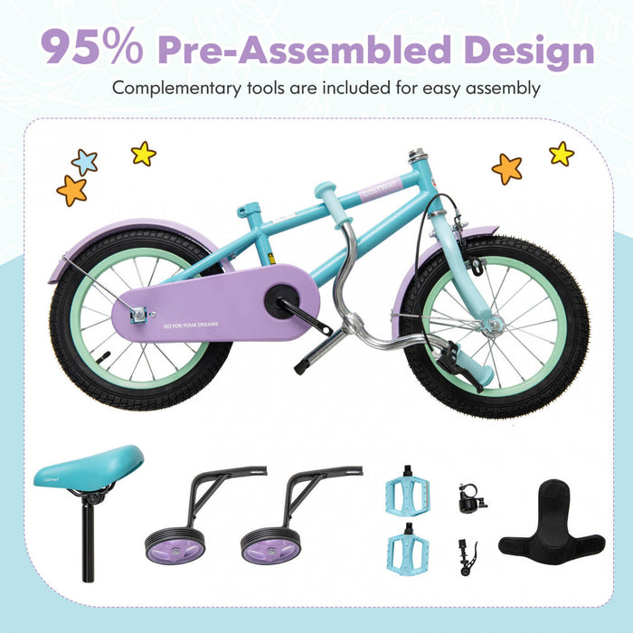 Costway 12\" Kids Bike With Adjustable Saddle Handlebar Removable Training Wheels Handbrake Blue