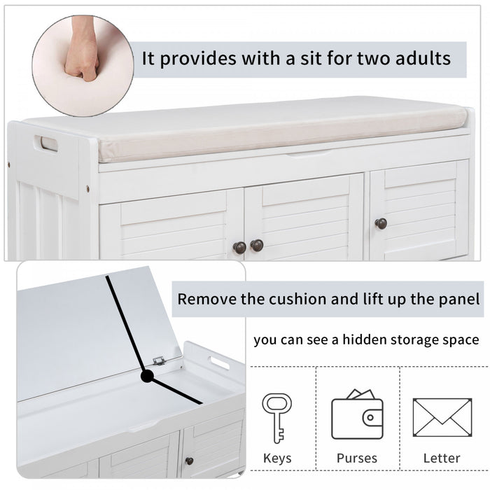 Olivia Pine Wood Storage Bench With 3-door Shoe Cabinet With Hidden Compartment - White