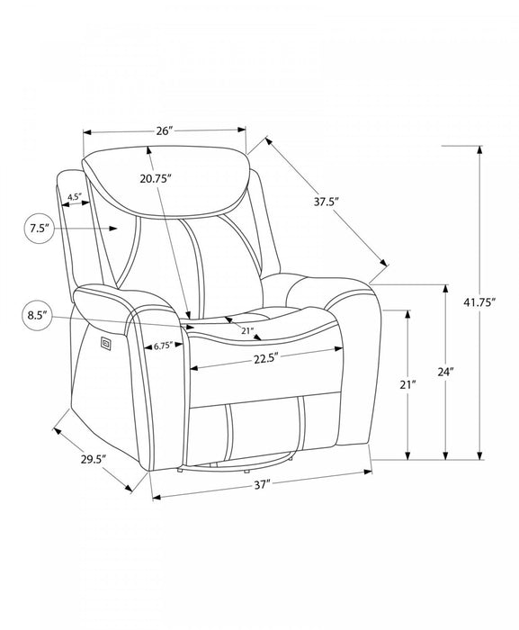 MONARCH SPECIALTIES POWER RECLINING CHAIR, 37\" WIDE, GLIDER, SWIVEL, USB PORTS INCLUDED, BROWN LEATHER-LOOK RECLINER