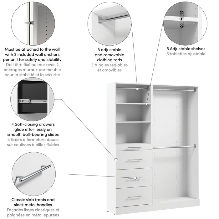 Bestar Florence 60\" Modular Reach-In/Walk-In Closet System with Rods and Storage - White