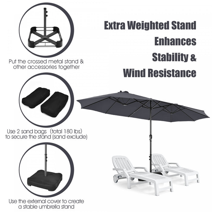 Costway 15FT Double-Sided Twin Patio Umbrella Sun Shade Outdoor Crank Market Base Grey