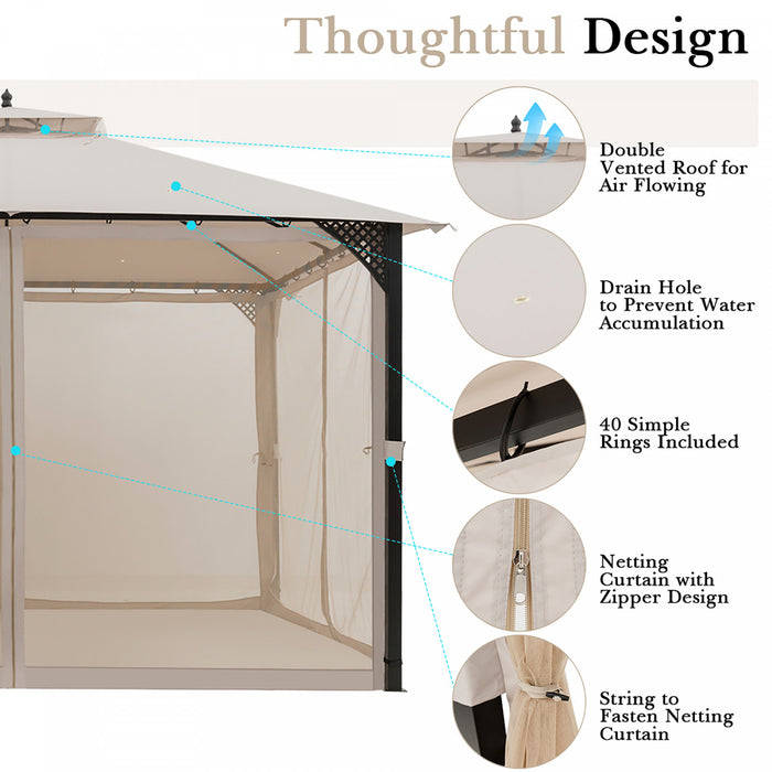 Costway 12' X 10' Outdoor Patio Gazebo Canopy Shelter Double Top Sidewalls Netting Beige