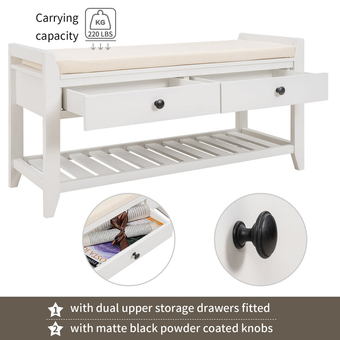 Stephanie Pine Wood Shoe Rack Bench With Cushioned Seat With Storage Drawers - White