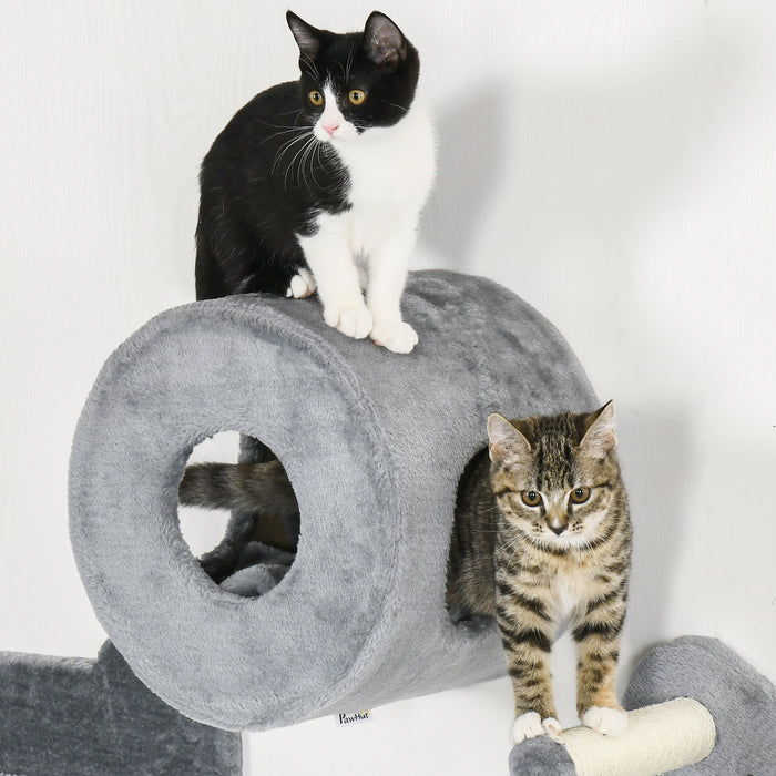 Pawhut 4 Pcs Cat Wall Shelves, Pet Wall-mounted Climbing Shelf Set, Kitten Activity Centre With Condo, Cushion, Scratching Post, Jumping Platform, Grey